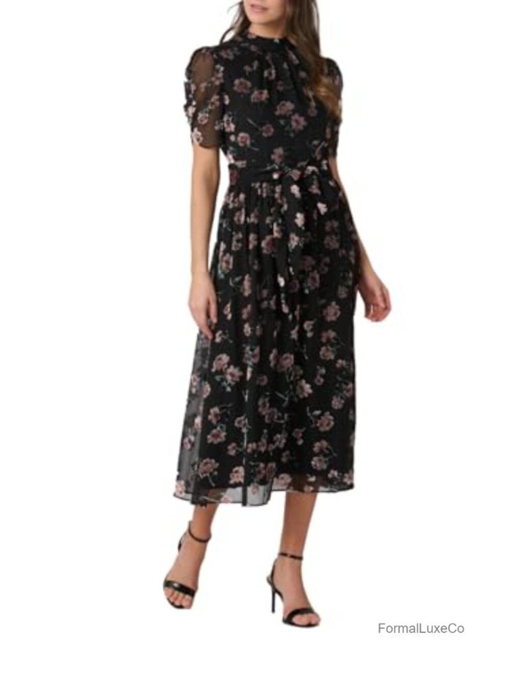 Shoshanna Velvet Burnout Midi Dress with Ruching Sleeves